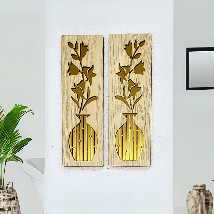 Floral Vase Wall Art Set | 2-Piece Wood & Gold Acrylic Wall Panels | Elegant Botanical Decor