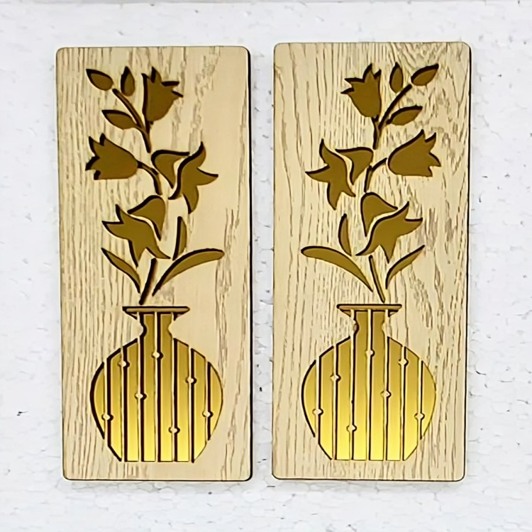 Floral Vase Wall Art Set | 2-Piece Wood & Gold Acrylic Wall Panels | Elegant Botanical Decor