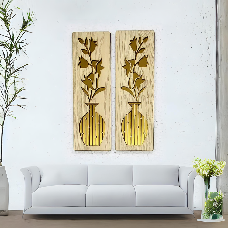 Floral Vase Wall Art Set | 2-Piece Wood & Gold Acrylic Wall Panels | Elegant Botanical Decor