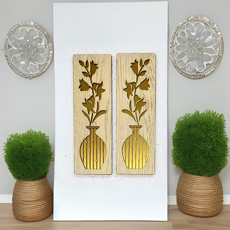 Floral Vase Wall Art Set | 2-Piece Wood & Gold Acrylic Wall Panels | Elegant Botanical Decor