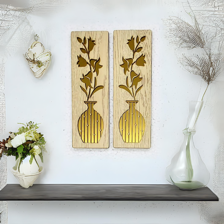 Floral Vase Wall Art Set | 2-Piece Wood & Gold Acrylic Wall Panels | Elegant Botanical Decor