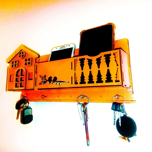 Wall-Mounted Wooden Key Holder with Balcony House Design (Organizer