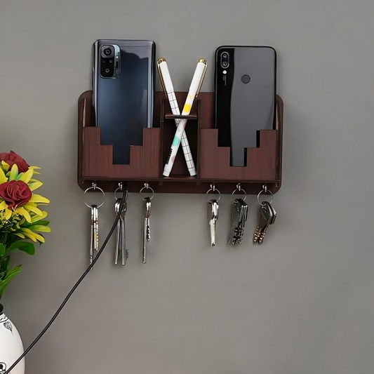 Dark Wooden Wall Key Holder with Dual Storage Slots & 8 Key Hooks