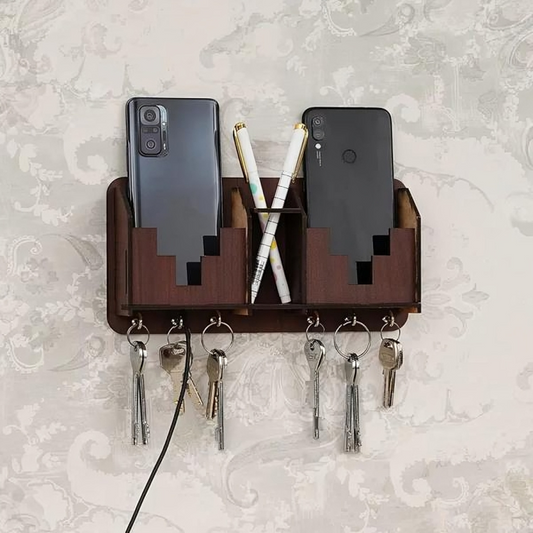 Wooden Wall-Mounted Key Holder with Mobile & Pen Stand – Dual Slot Organizer