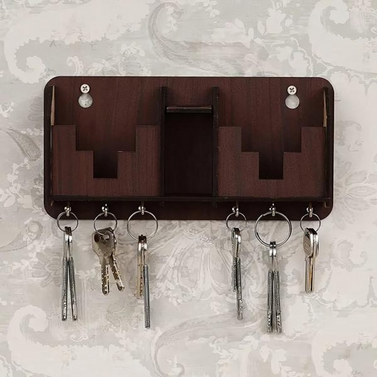 Wooden Wall-Mounted Key Holder with Mobile & Pen Stand – Dual Slot Organizer