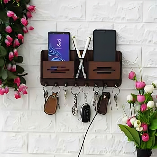 Dark Wooden Wall Key Holder with Dual Storage Slots & 8 Key Hooks