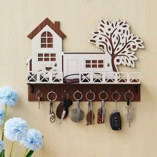 Wooden House Key Holder with Tree Design | 12x10 Inch Wall Mount MDF Organizer
