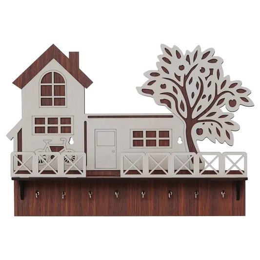 Wooden House Key Holder with Tree Design | 12x10 Inch Wall Mount MDF Organizer