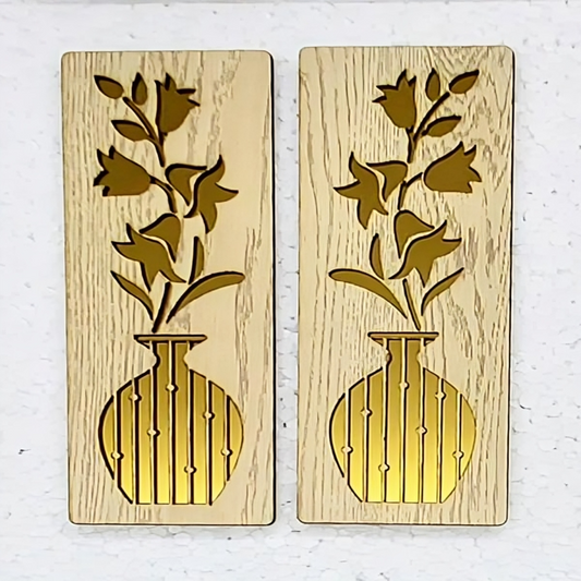 Floral Vase Wall Art Set | 2-Piece Wood & Gold Acrylic Wall Panels | Elegant Botanical Decor