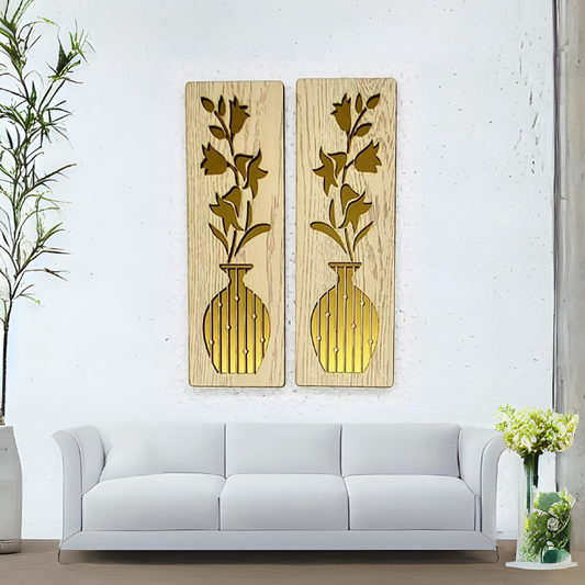 Floral Vase Wall Art Set | 2-Piece Wood & Gold Acrylic Wall Panels | Elegant Botanical Decor